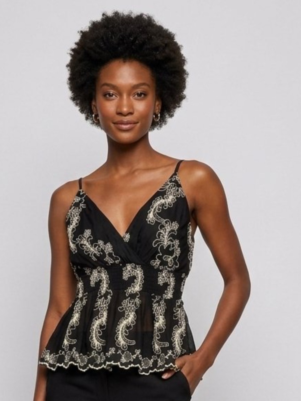 POL Black Camisole Top with Cream Embroidery & a Hint of Sparkle Size Medium